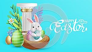 3D Vector Easter banner with rabbits and beautiful painted eggs on background.Greetings and presents for Easter Day Concept of