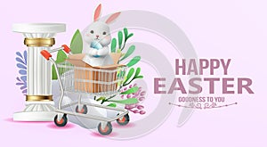 3D Vector Easter banner Sale poster with rabbits and beautiful painted eggs on background.Greetings and presents for Easter Day