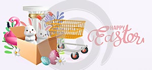 3D Vector Easter banner Sale poster with rabbits and beautiful painted eggs on background.Greetings and presents for Easter Day