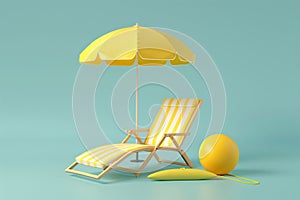 3D vector illustration a beach chair, umbrella and ball, the summer holiday travel