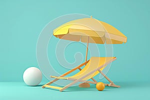 3D vector illustration a beach chair, umbrella and ball, the summer holiday travel