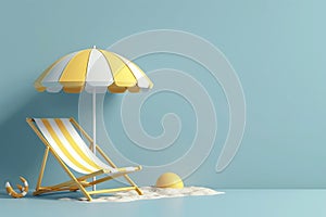 3D vector illustration a beach chair, umbrella and ball, the summer holiday travel