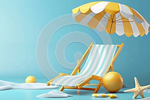 3D vector illustration a beach chair, umbrella and ball, the summer holiday travel