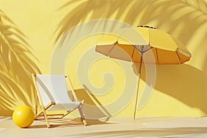 3D vector illustration a beach chair, umbrella and ball, the summer holiday travel