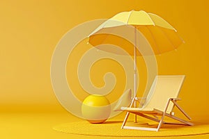 3D vector illustration a beach chair, umbrella and ball, the summer holiday travel