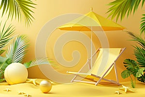 3D vector illustration a beach chair, umbrella and ball, the summer holiday travel