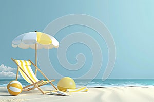 3D vector illustration a beach chair, umbrella and ball, the summer holiday travel