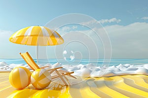 3D vector illustration a beach chair, umbrella and ball, the summer holiday travel