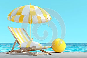 3D vector illustration a beach chair, umbrella and ball, the summer holiday travel