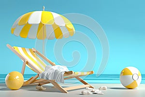 3D vector illustration a beach chair, umbrella and ball, the summer holiday travel