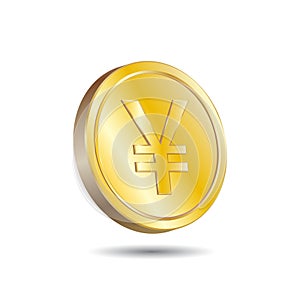 3D Vector illustration of Gold Yen Yuan Coin isolated in white color background. Japanesse and Chinesse currency symbol