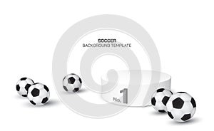 3D vector illustration of soccer balls and winner podium with white background. Football background with blank space