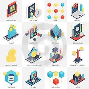 3d vector isometric Cryptocurrency mining and Blockchain icons set.