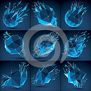 3d vector low poly objects with blue connected lines and dots, s