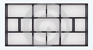 3D vector mockup of black empty cabinet with shelves on white wall