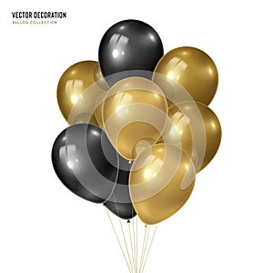 3d vector realistic golden with black bunch of helium balloons isolated on white background. Decoration element design