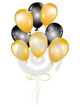 3d vector realistic golden with black bunch of helium balloons isolated on white background. Decoration element design