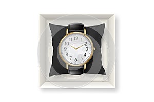 3d Vector Realistic Golden Classic Vintage Unisex Wrist Watch in Paper Box Icon Closeup Isolated on White Background