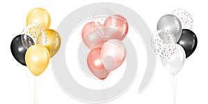 3d vector realistic golden, rose and silver bunches of helium balloons isolated on white background. Decoration element