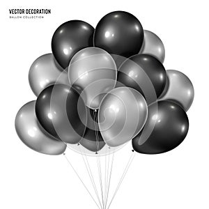 3d vector realistic silver with black bunch of helium balloons isolated on white background. Decoration element design