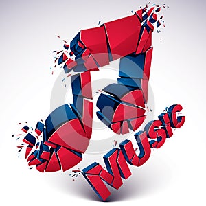 3d vector red shattered musical notes with music word. Art melody transform symbol broken into pieces.