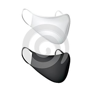 3d vector safety breathing mask, two face mask black and white color isolated on white background. Vector illustration.