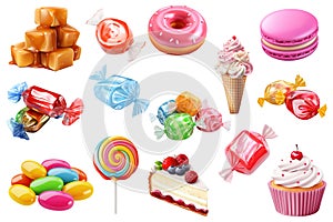 3D Vector of Sweets Isolated on Transparent Background with Clipping Path Cut out: Cupcake, Slice of Cake, Donuts, Hard candy