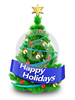 3d vibrant Christmas tree with happy holidays sign