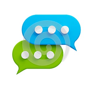 3D vibrant speech bubbles in blue and green, symbolizing digital communication, social media dialogue, and messaging