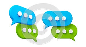 3D vibrant speech bubbles in blue and green, symbolizing digital communication, social media dialogue, and messaging