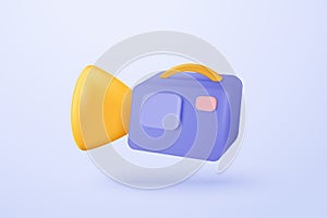 3d video camera icon isolated  with lens and button on pastel background. Realistic film movie icon, play button for streaming