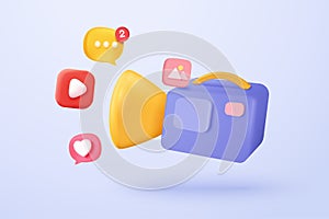 3d video camera icon isolated  with lens and button on pastel background. Realistic film movie icon, play button for streaming