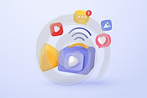 3d video camera icon isolated  with lens and button on pastel background. Realistic film movie icon, play button for streaming