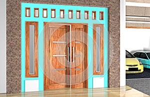 3D view of the main door for a residential house 3d model illustration