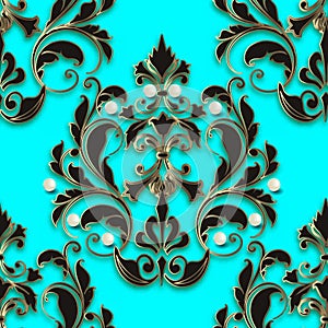 3d vintage floral seamless pattern. Ornamental vector background. Luxury repeat blue backdrop. Ornate gold Damask ornaments.