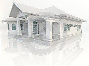 3D vintage house exterior design with refelction in white background