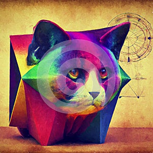 3d vintage, hyperrealistic, photo of a sacred geometry colorful 3d cat hypercube on old paper