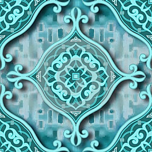 3d vintage seamless pattern. Textured grunge background. Abstract repeat backdrop. Arabesque Damask style light blue ornaments.