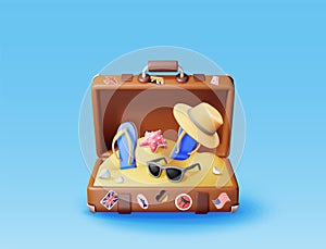 3d vintage suitcase with tropical beach inside