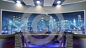 3d virtual news studio. Announcer Table with night city background and floodlights