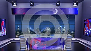 3d virtual news studio. Announcer Table with night city background and floodlights