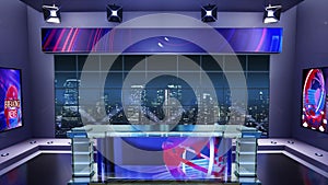 3d virtual news studio. Announcer Table with night city background and floodlights