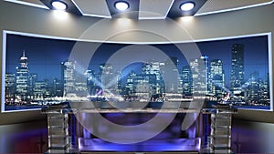 3d virtual news studio. Announcer Table with night city background and floodlights