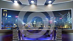 3d virtual news studio. Announcer Table with night city background and floodlights