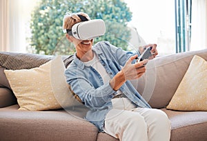 3d, virtual reality and play digital game online with controller and in a futuristic metaverse on sofa in her home. Vr