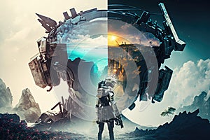 3d virtual reality scenography of cyberworld with futuristic robot vr headset double exposure