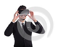 3d vision technology, virtual reality glasses. Male person in suit and digital vr device