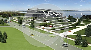 3D visualization of the eco building with bionic form and energy-efficient technologies.