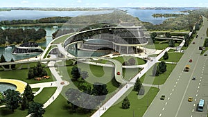 3D visualization of the eco building with bionic form and energy-efficient technologies.