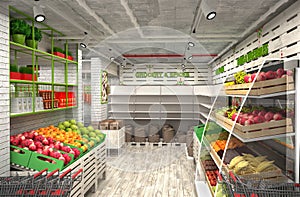 3d visualization of food store. The interior in the loft style